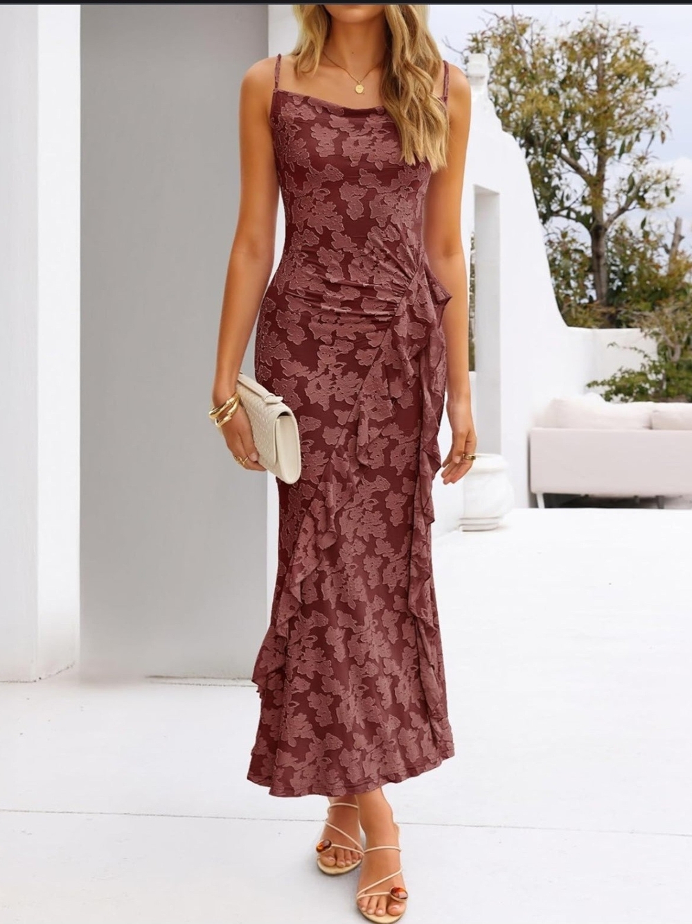 ZESICA XL Rust Floral Ruffle Maxi Dress NWT Cowl Neck Wedding Guest